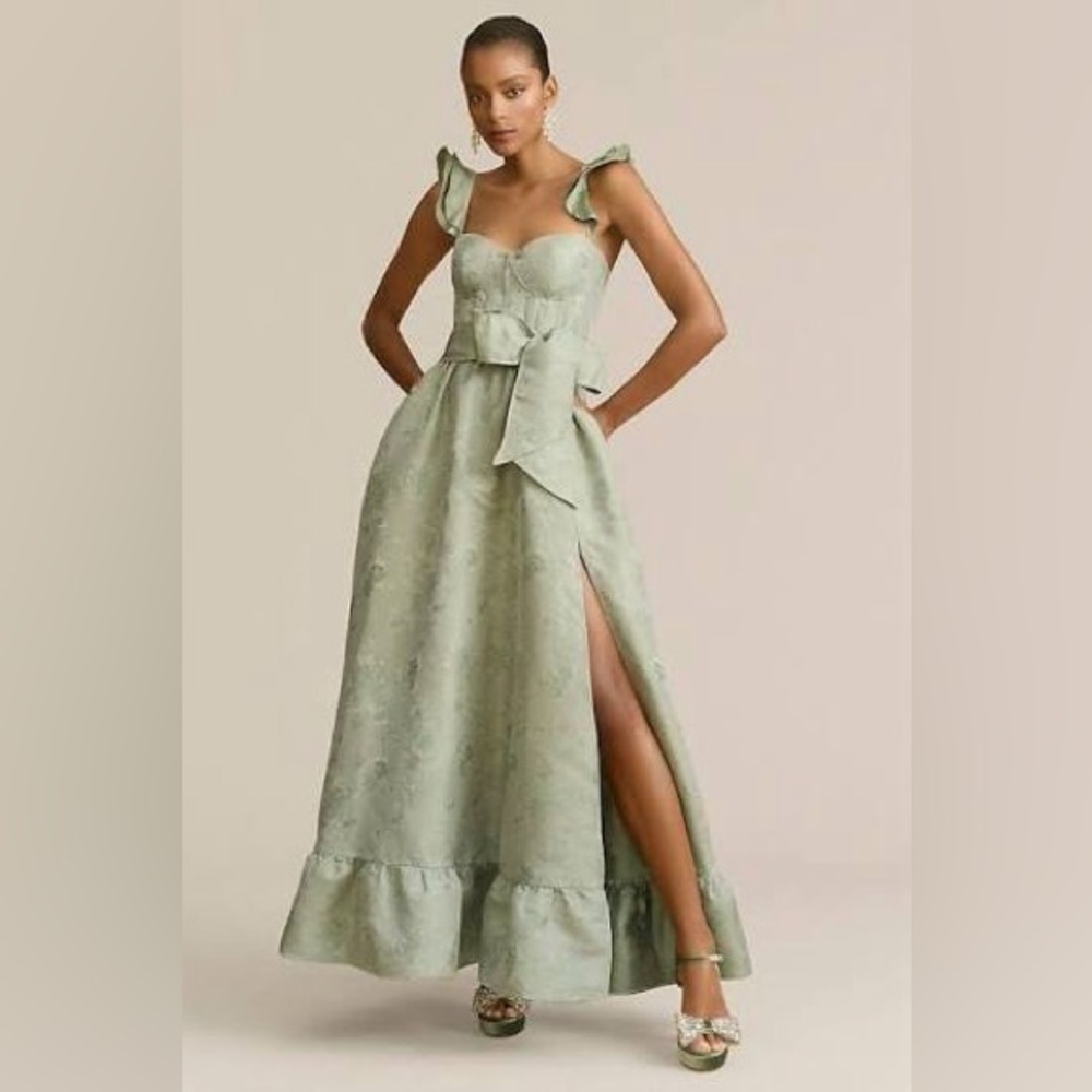 V. Chapman Sage Green Floral A-Line Wedding Dress with Bow